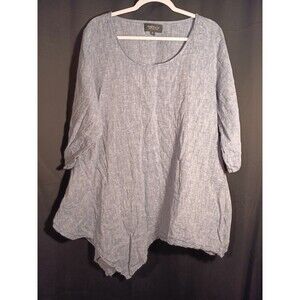 NC Jones New York 1X Blue Linen Blend Asymmetrical Hem 3/4 Sleeve Dress Top